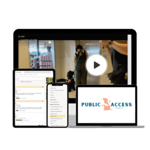 Image of a computer with training video, an ipad with training plan, iphone with screenshot of the community, and laptop with public access prep logo